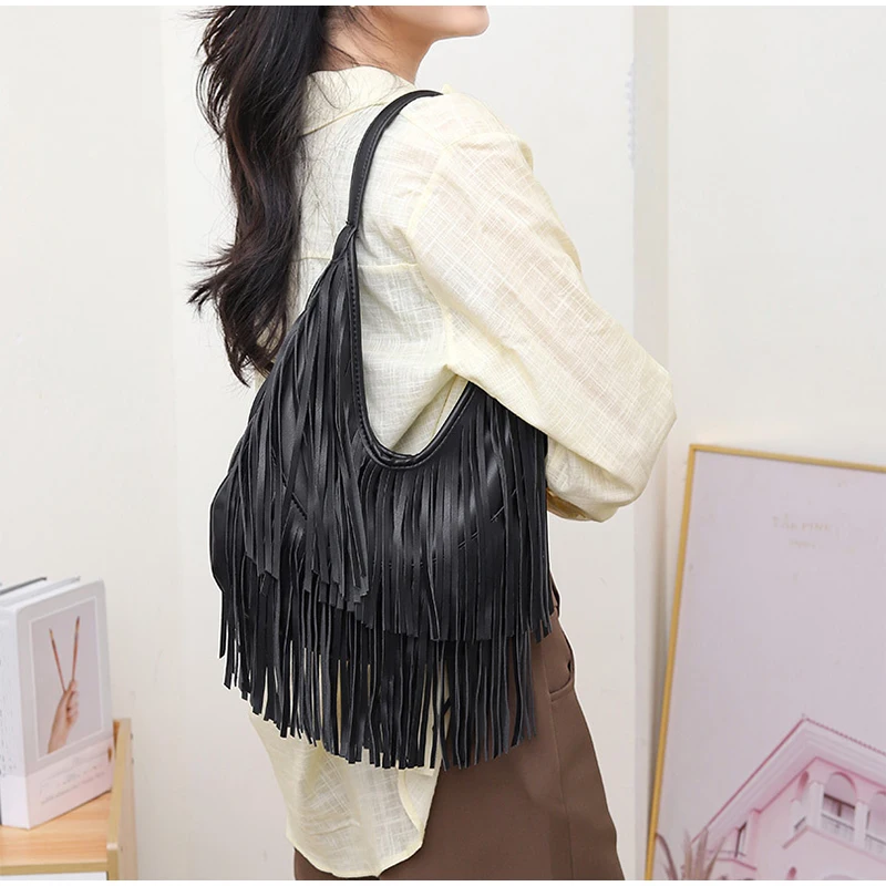 Quaste Große Kapazität Marke Tote Tasche Schwarz Leder Hohe Qualität Luxus Mode Frauen Schulter Tasche Weiche Casual Hobos Achselhöhle Tasche – Detail 14