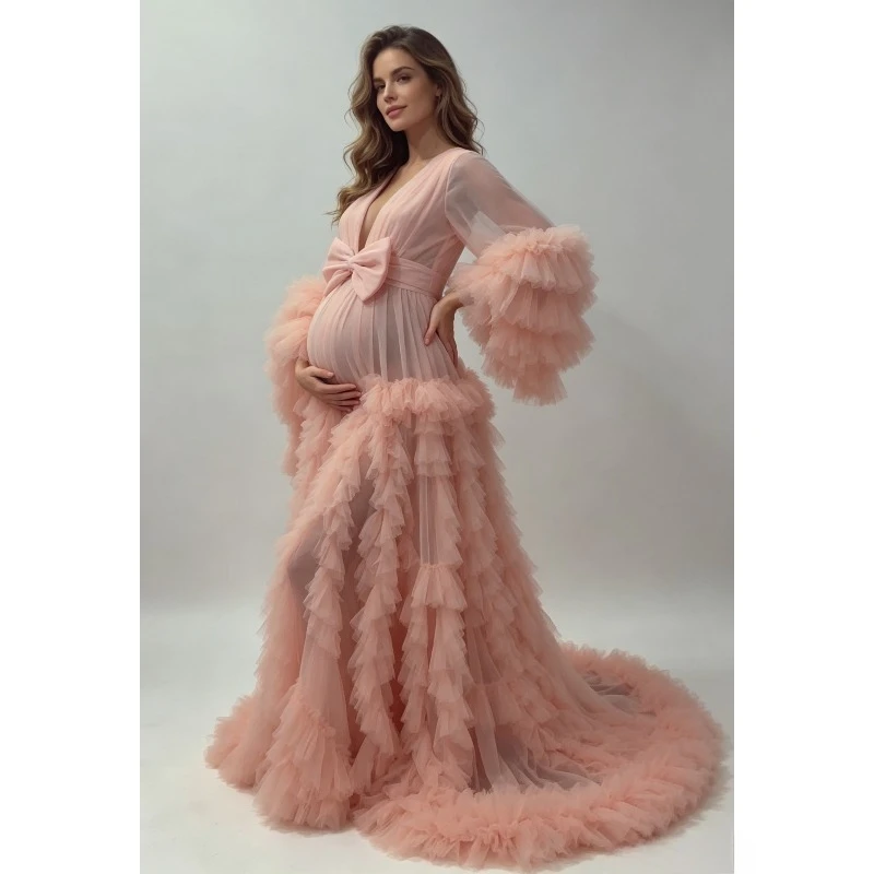 Ruffle Tulle Maternity Robe with Deep V Flounce Sleeve & Long Train – Adjustable Waist Sheer Gown for Bridal Photoshoot