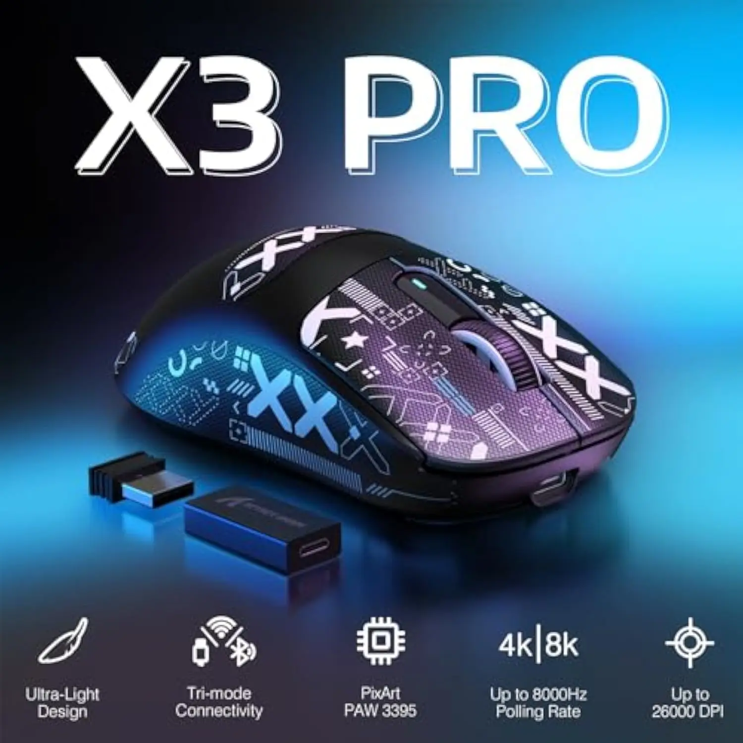 

Беспроводная игровая мышь Attack Shark X3Pro с Bluetooth PixArt PAW3395 Оптическая мышь 26000 точек на дюйм Трехрежимное подключение Макро игровая мышь