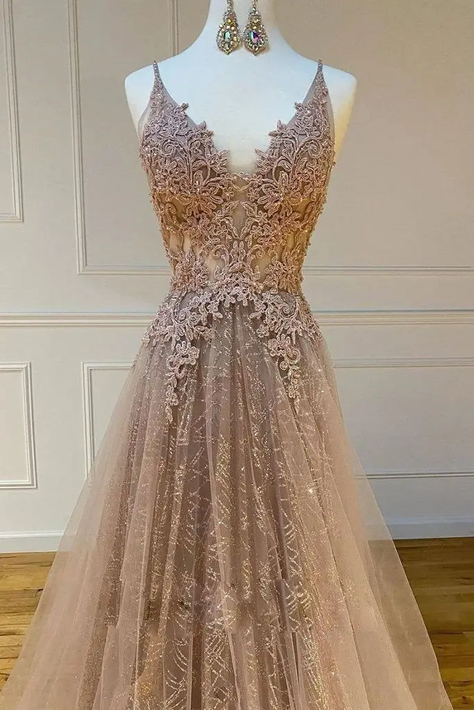 Vestidos de Noche de champán brillantes, Apliques de encaje de ilusión ostentosa, cuello en V de cuentas, sin mangas, tirantes largos, vestidos formales de fiesta de graduación