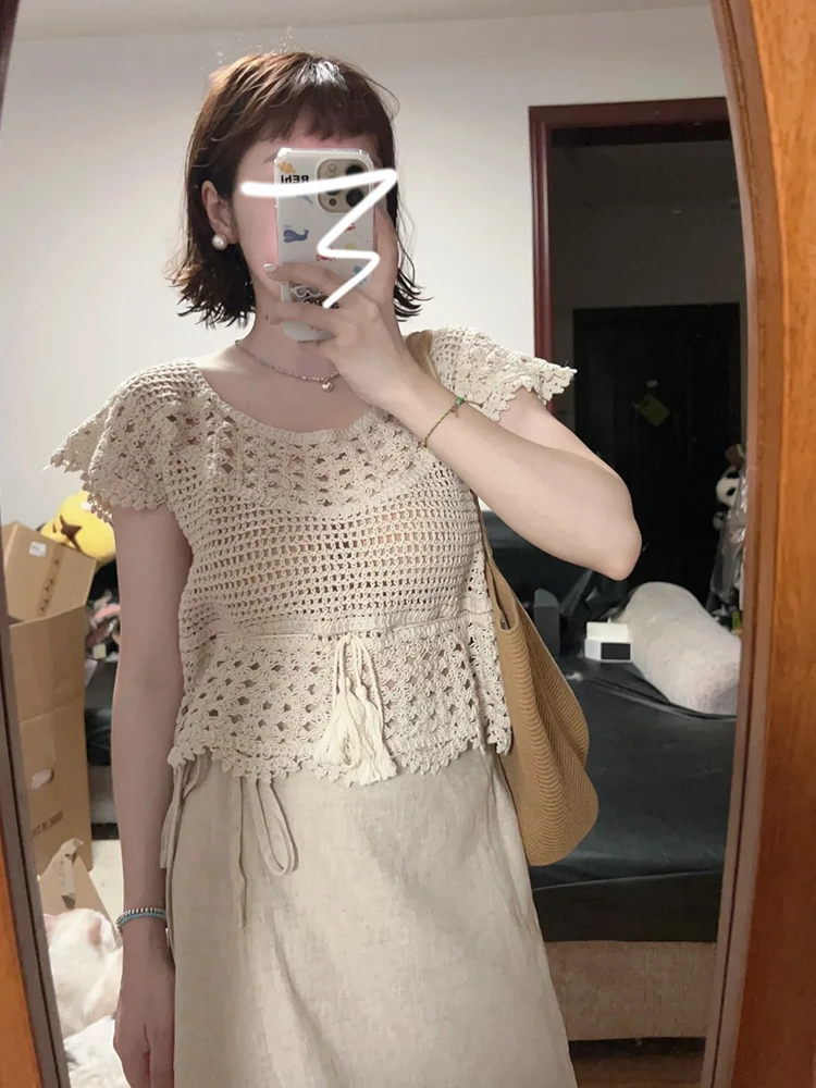 

Ele Hollow out Knitted Top Women's ort Sve Sweet Sle Summer Faionable Cover up ort irt Medium Softn