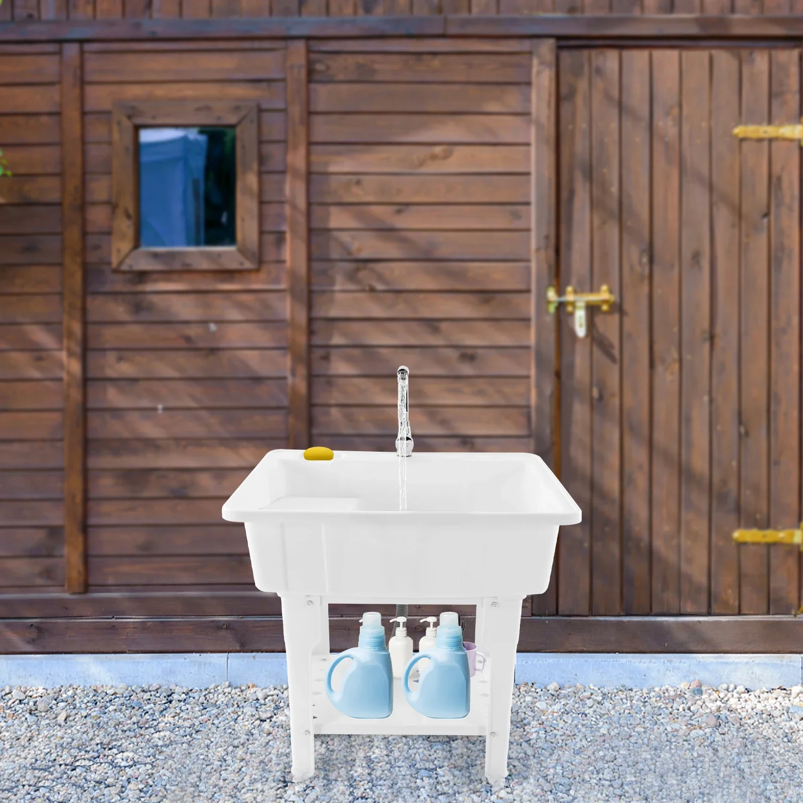 حوض غسيل محمول للحوض، حوض غسيل بلاستيكي قائم بذاته في الهواء الطلق، حوض غسيل بلاستيكي أبيض 70 كجم 154 رطل للغسيل والحمامات