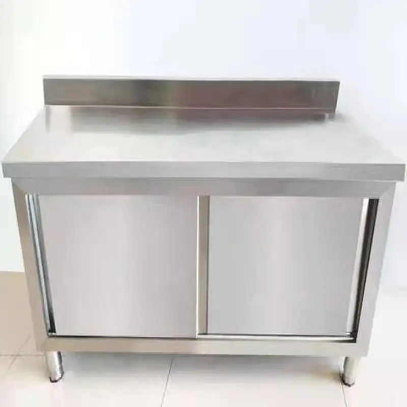 Stainless steel sliding door workbench Commercial three-sided ramen table Hotel console Kitchen charging table Backrest cabinet