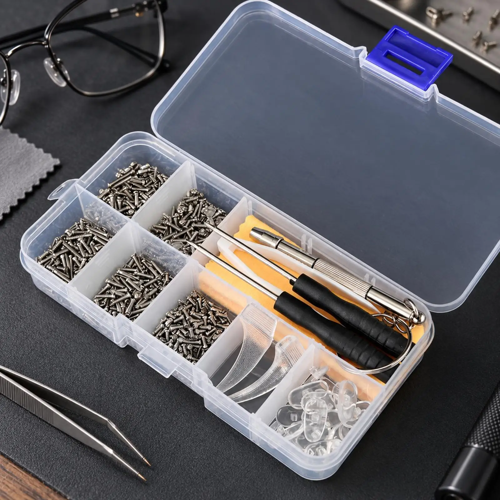 Eyeglass Screw Assortment Kit Stainless Steel 500 Piece Fastener Pack with Mini Screwdrivers Nose Pads and Microfiber Cloth for