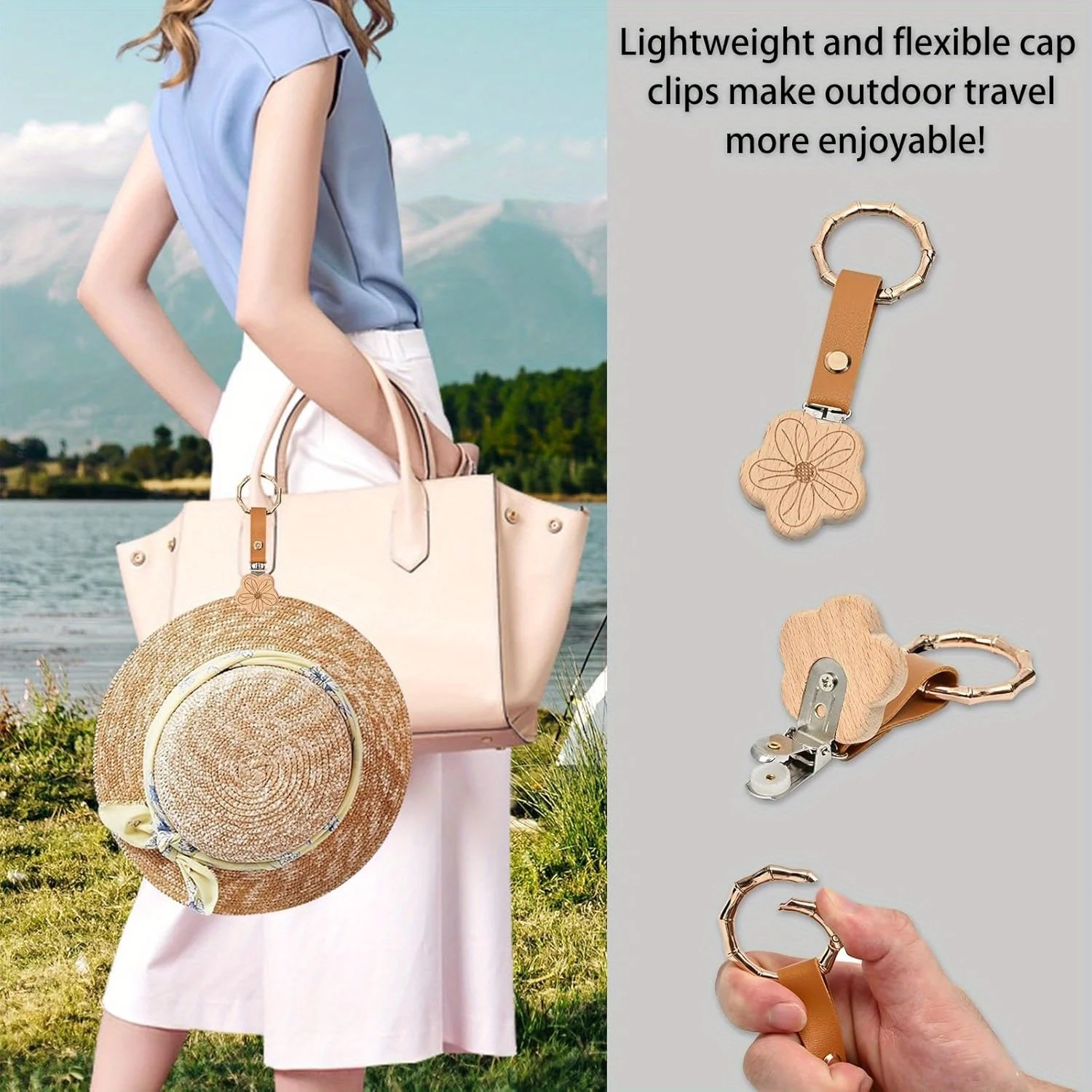 [Boho Chic Hat Clip] Durable Bohemian Chic Wooden Flower Hat Clip for Travel - Multi-Purpose Straw Summer Sun Hat Organizer
