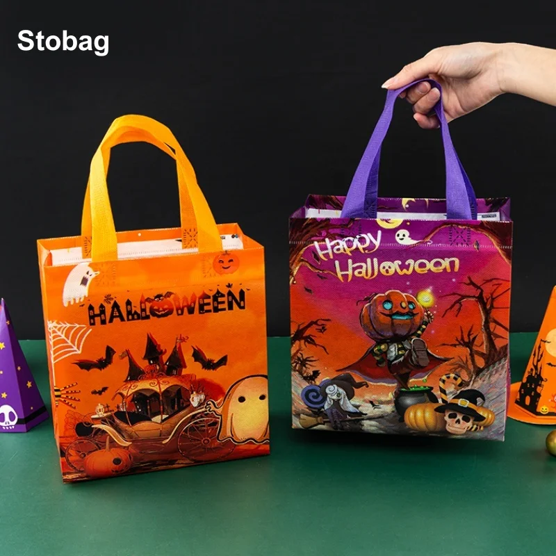 

StoBag 4pcs Happy Halloween Non-woven Tote Bag Fabric Gift Packaging Kids Waterproof Storage Pouch Trick or Treat Party Favor