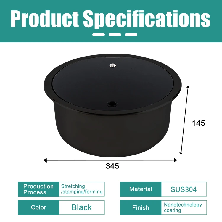JDA High-End Black Nano Coating 304 Stainless Steel Round RV Kitchen Sink Single Bowl For Camper Van Marine Motorhome
