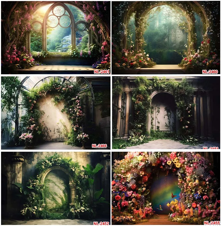 

Photography Backgrounds Green Arch Door Spring Color Floral Vines Adult Birthday Wedding Decor Maternity Art Portrait Backdrops