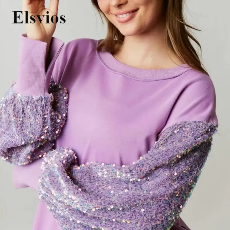 

Women's Round Collar Loose Pullover Tops Casual Oversized Irregular Sweatshirts Fashion Sequin Patchwork Long Sleeve Sweatshirt