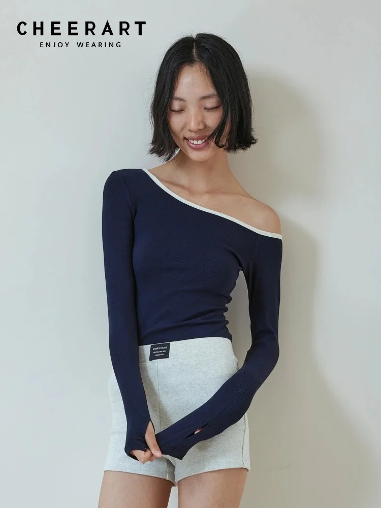 CHEERART Off Shoulder Long Sleeve Knit Top For Woman T Shirts Fall 2026 Fashion Basic Crop Tops Navy Blue Autumn Clothes 2026