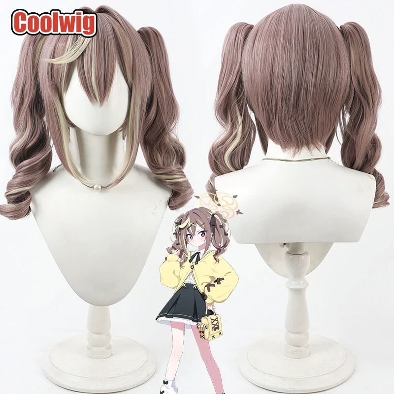 coolwig-人工毛-キヌイ-レナ-コスプレウィッグ-ゲーム-ブルーアーカイブ-キヌイ-レナ-ウェーブ-ブラウン-ミックスブロンド-ポニーテールウィッグ-耐熱性