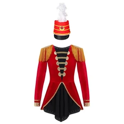Kid Girls Halloween Circus Ringmaster Costume Flag Raiser Honour Guard Cosplay Long Sleeve Tassel Leotard Dress with Feather Hat