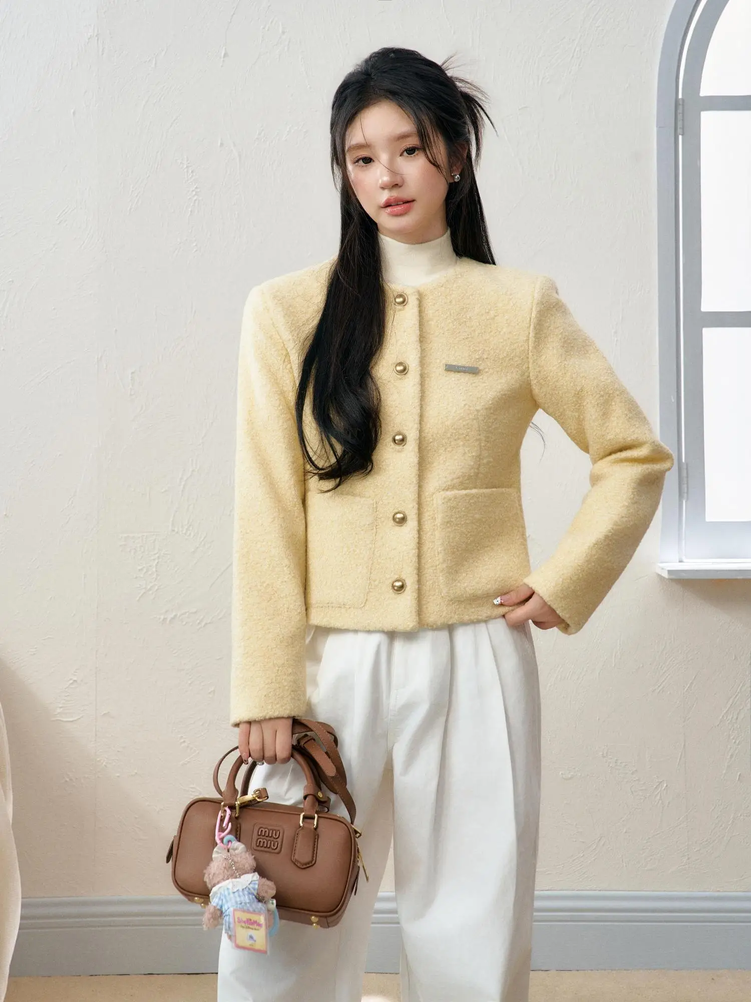 

Lennea ort Quilted Fce Lined Padded Jaet Women's Faion Ele Sle Autumn Winter Slim Fit Sweet Sle Button Detail