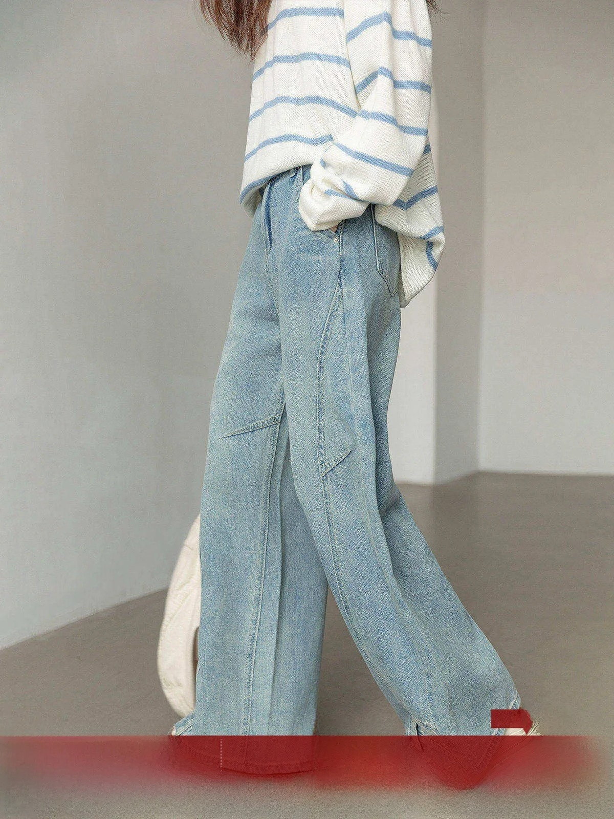 

Slimming High Waist Distred Denim Jeans Women's Loose Wide Leg Pants Vintage Sle Commute Friendly Blue Color