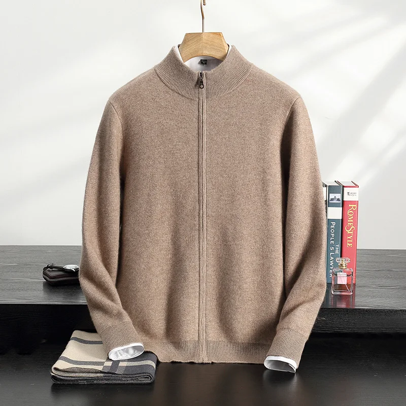 

Men's Cashmere Wool Knit Cardigan Young/Middle-aged High-End Tops Stand Collar Loose Zipper Jacket Warm Sweater Coat N3004028