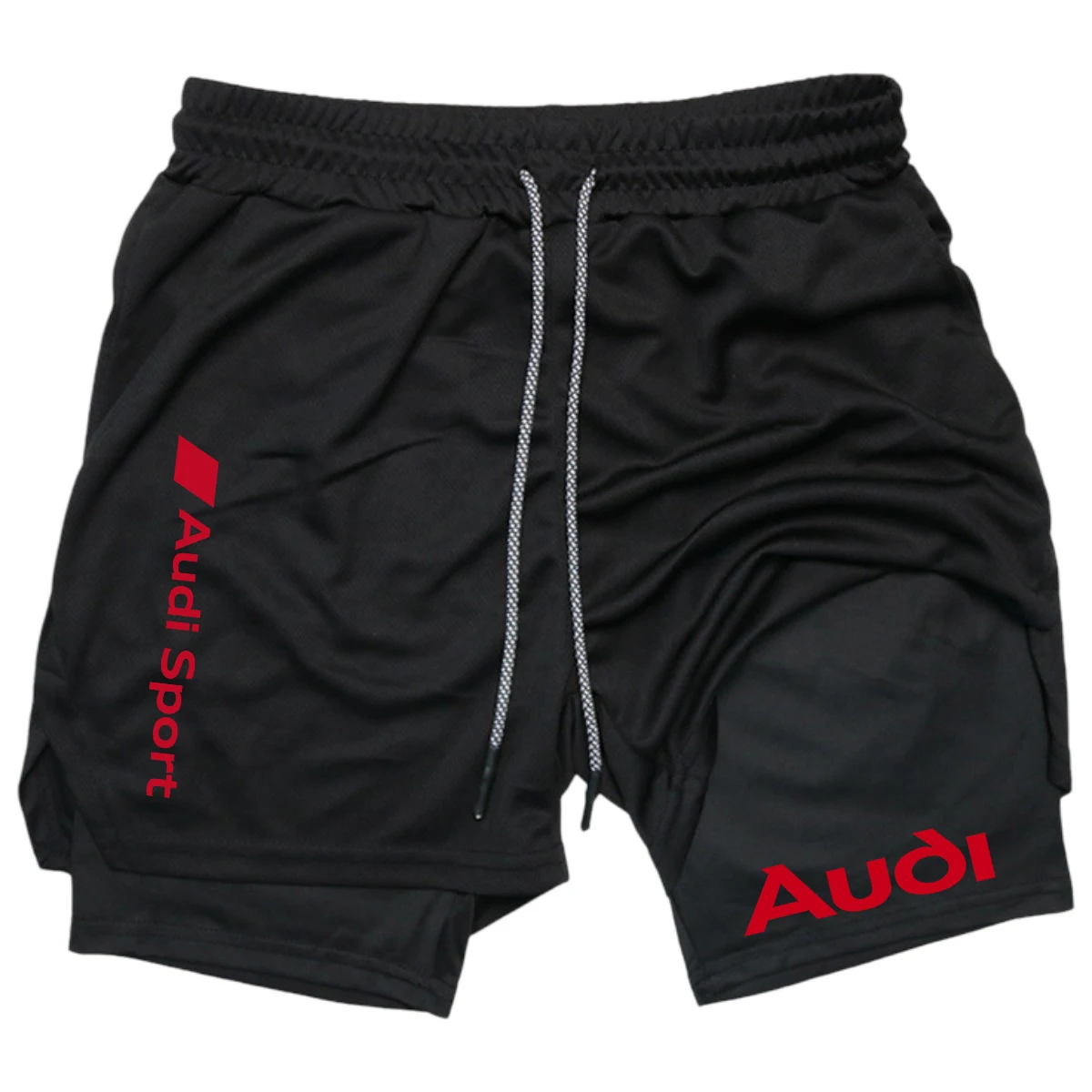 

Men's double-layer thick sports shorts with Audi print design. Large size. With multiple pockets. Perfect for outdoor running an