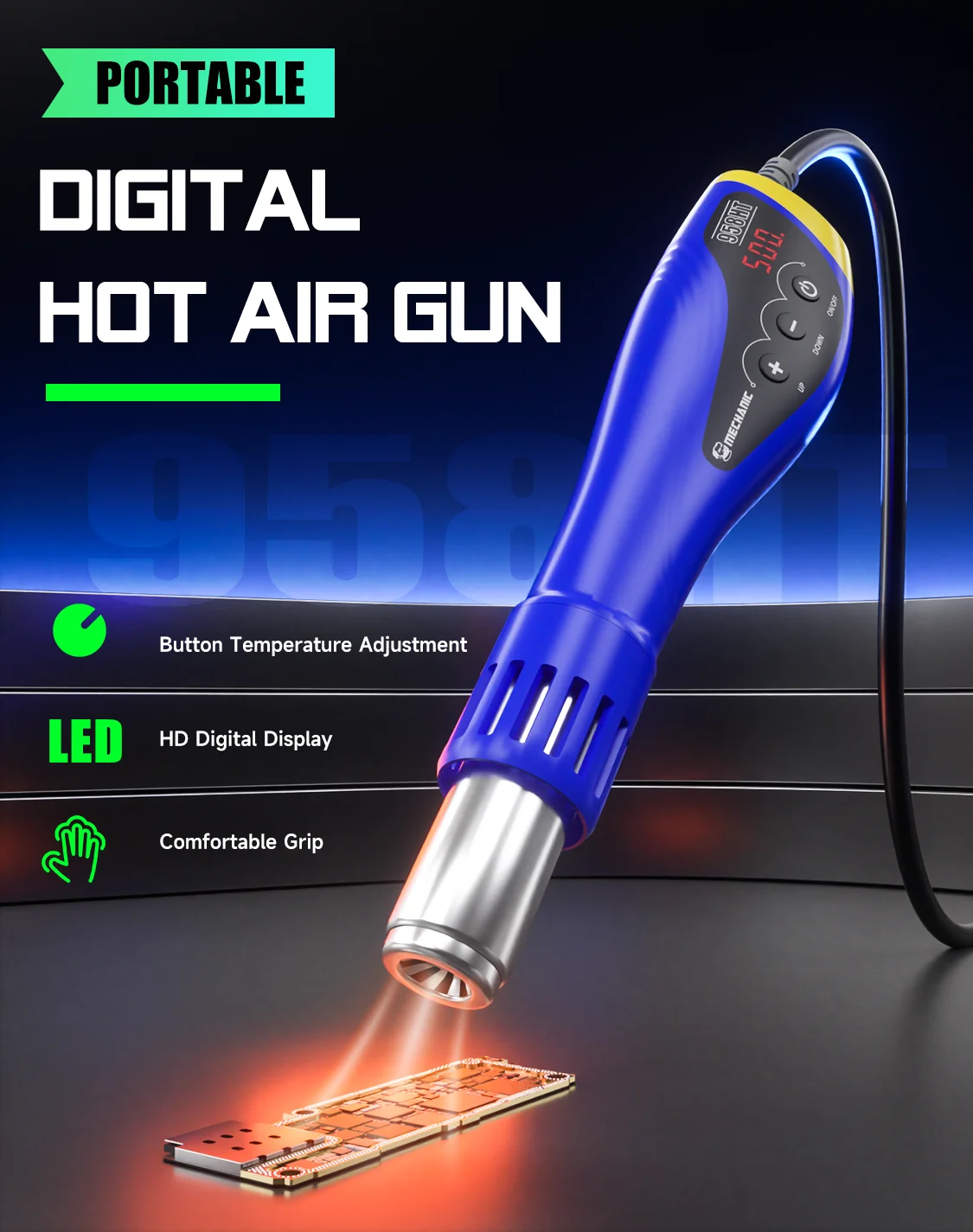 MECHANIC 958HT Digital Hot Air Gun LED Display Adjustable Temperature Soldering Tool for BGA Rework Chip Removal Heat Repair