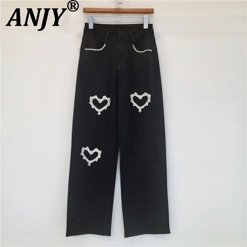ANJY 2025 Autumn Winter New Women European Hollow Out Studded Diamonds Straight Jeans Stretch Slim Fit Casual Denim Pants A16128