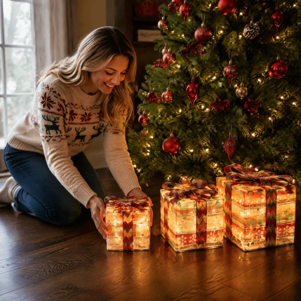 Set of 3 LED Lighted Christmas Gift Boxes Soft LED Lights Premium Lightweight Material Christmas Ornaments Stackable Design