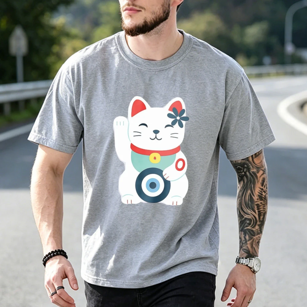 Funny Lucky Cat Evil Eye Graphic Tee White Fortune Charm Kawaii Japanese Gift Women Men Cotton Trendy Streetwear Casual Shirt