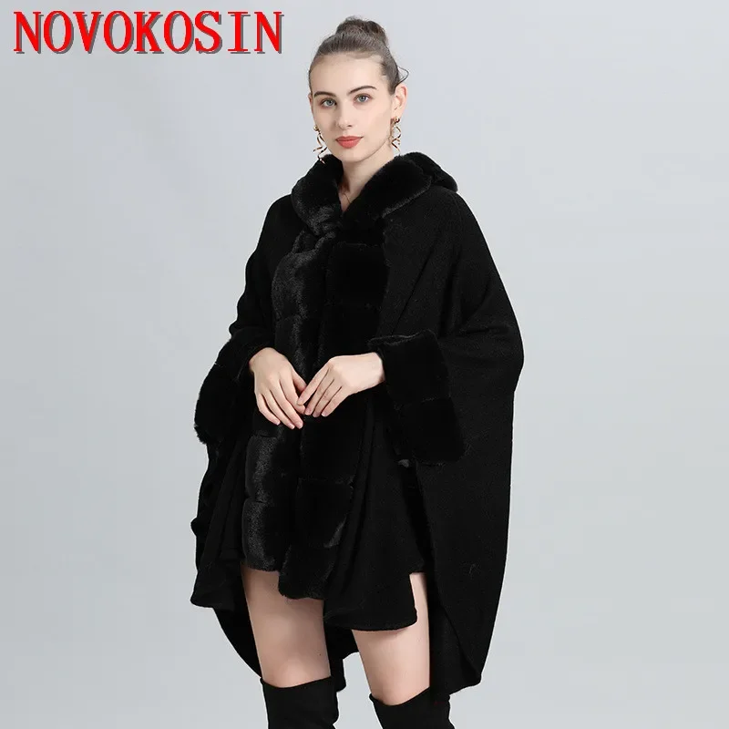 

2022 Winter Thick Streetwear Women Cashmere Long Poncho Cape With Hat Striped Faux Fox Collar Fur Batwing Sleeves Loose Coat