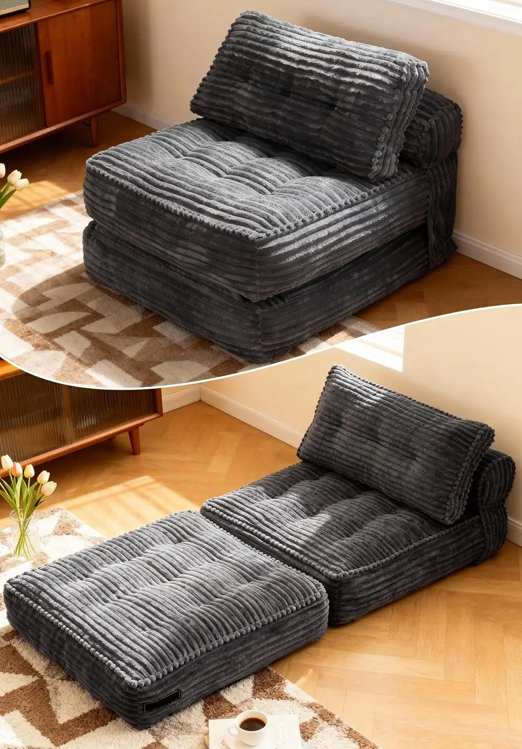 

Folding Sofa Bed, Corduroy Convertible Sleeper Chair with Pillow, Foldable Single Futon Chair for Living Room, Gray