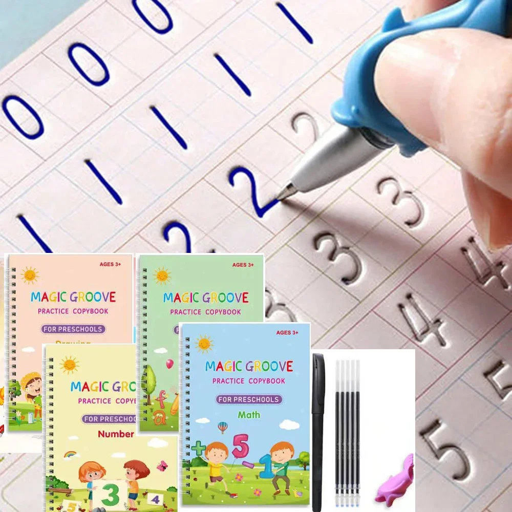 4 Books Reusable Magic Copybooks for Kids Handwriting Workbooks for Preschools Grooves Template Design Aid Practice Copybook