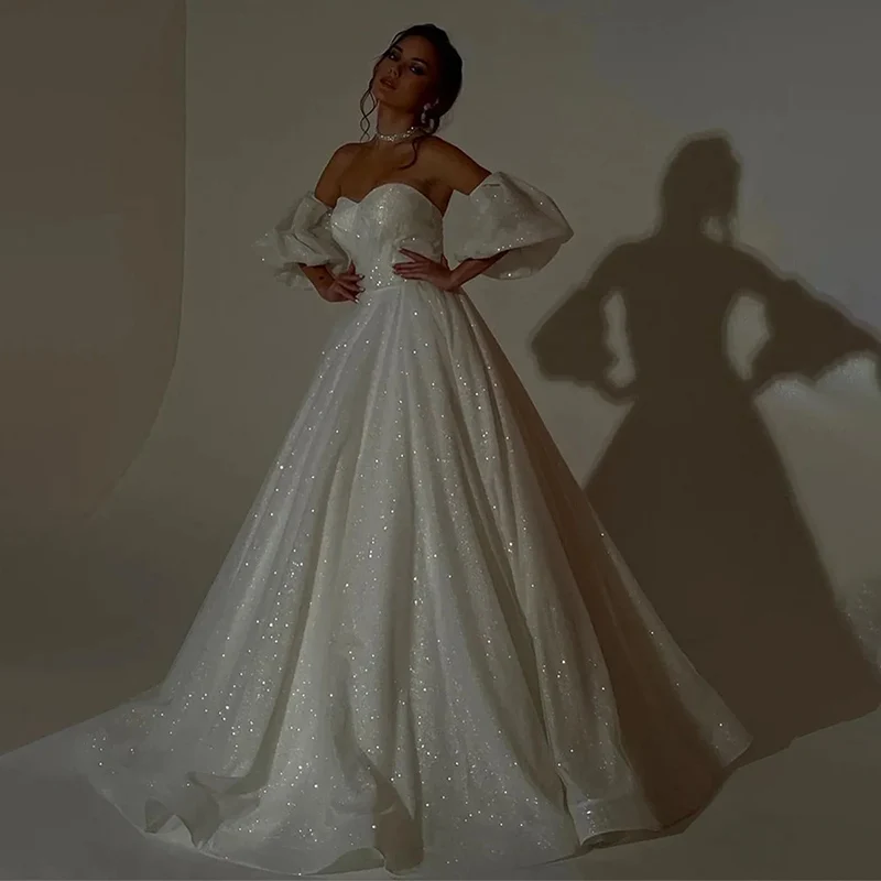 Robe de mariée scintillante, sans bretelles, en forme de cœur, en Tulle scintillant, ligne a, manches bouffantes détachables