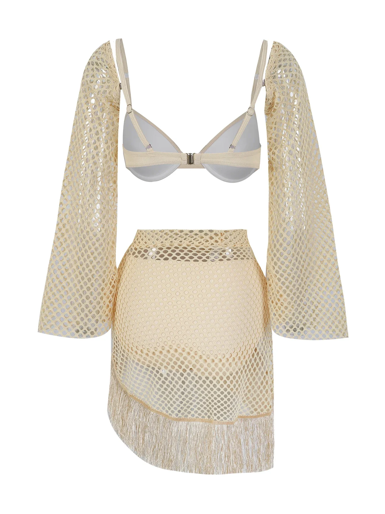 Seksowna spódnica z frędzlami dla kobiet z długim rękawem i frędzlami Mi Spódnica Garnitur 3-częściowy zestaw Kostium kąpielowy Wakacje na plaży Dorywczo Kobieta Lato