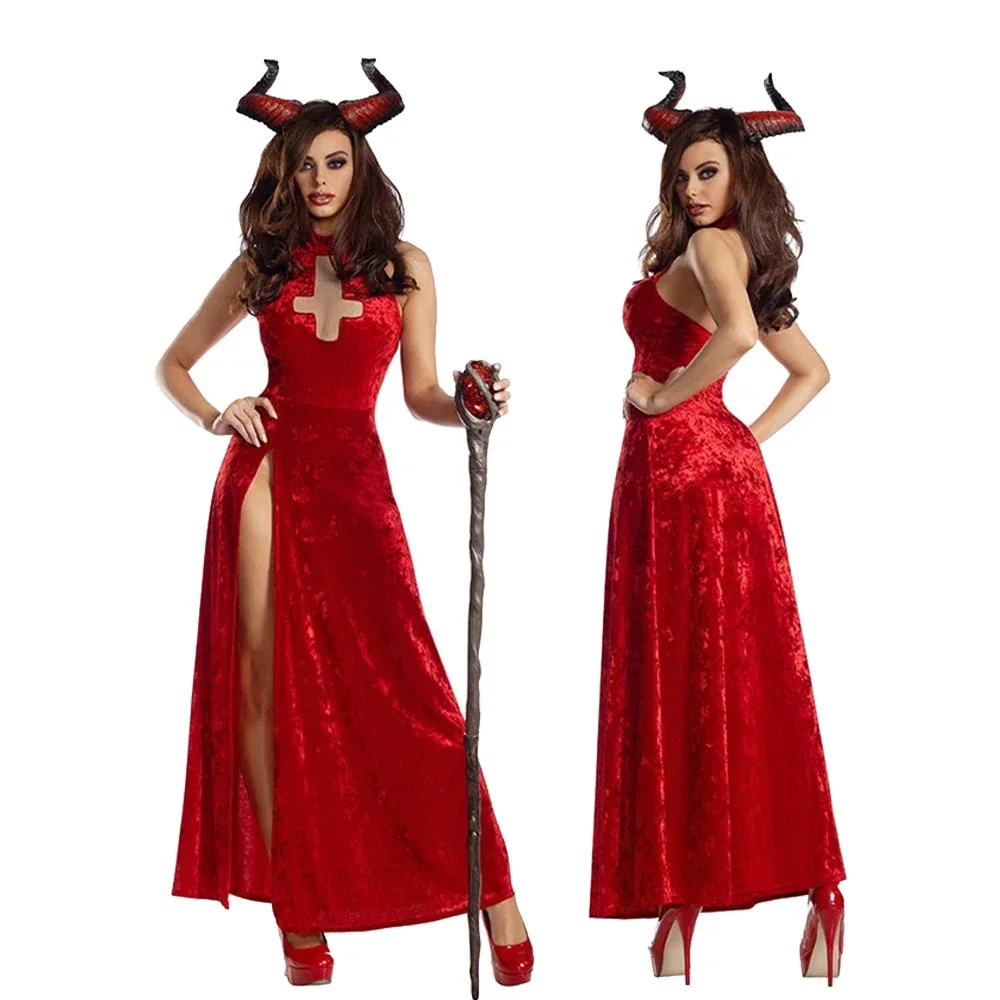 

Carnival Halloween Lady Red Demonic Queen Costume Long Classic Glamour Sorceress Playsuit Cosplay Fancy Party Dress