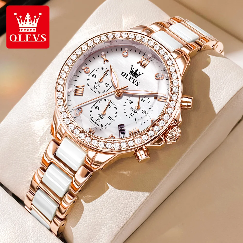 OLEVS Luxury Brand Elegant Women\'s Watches Prismatic Mrror Waterproof Quartz Watch Calendar Chronograph Dress Bracelet Set Lady