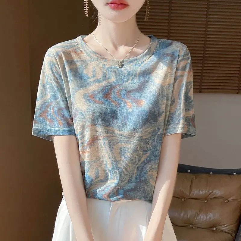 Womens Tie Dye Short Sleeve T Shirt Casual Round Neck Loose Summer Blouse