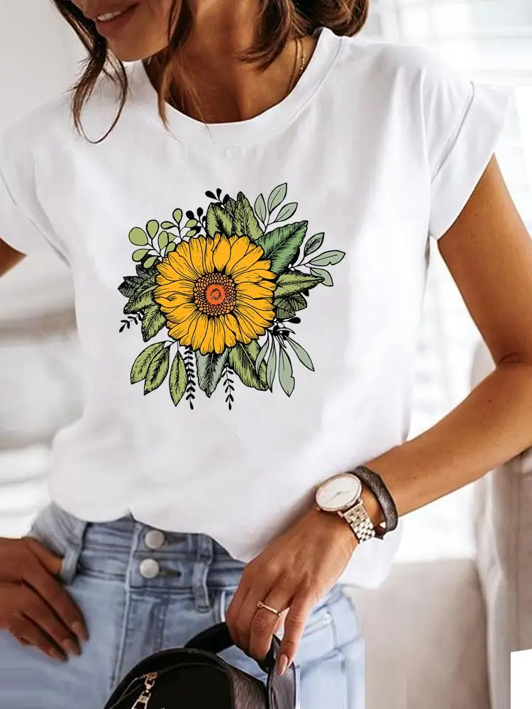 

Tee Women T-shirt Summer Short Sleeve Print Clothes Graphic T Shirt Flower Lovely Trend Style Cute Clothing Fashion Female Top