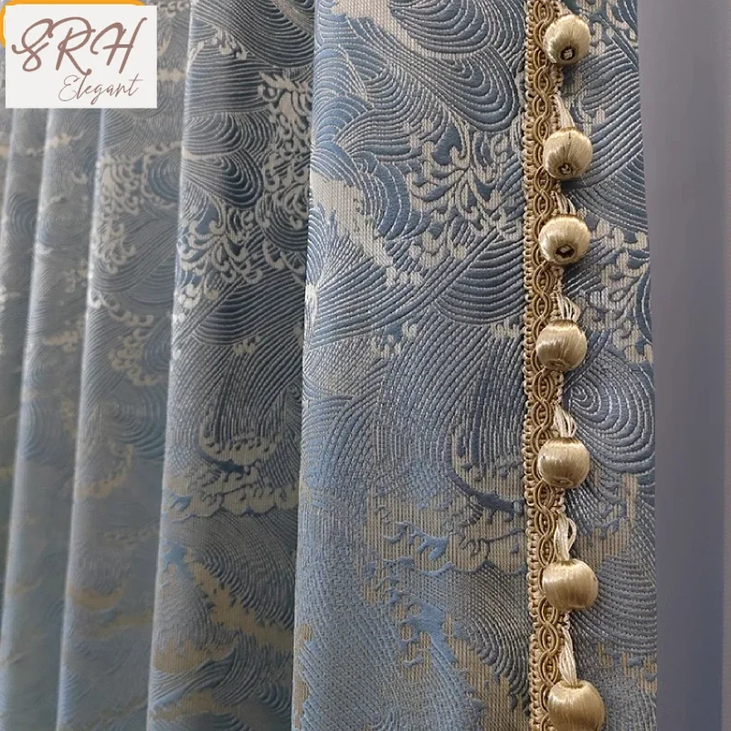 New Chinese Auspicious Clouds Ocean Tide Pattern Blue Gold Silk Jacquard Curtains For Living Room Bedroom French Window Villa