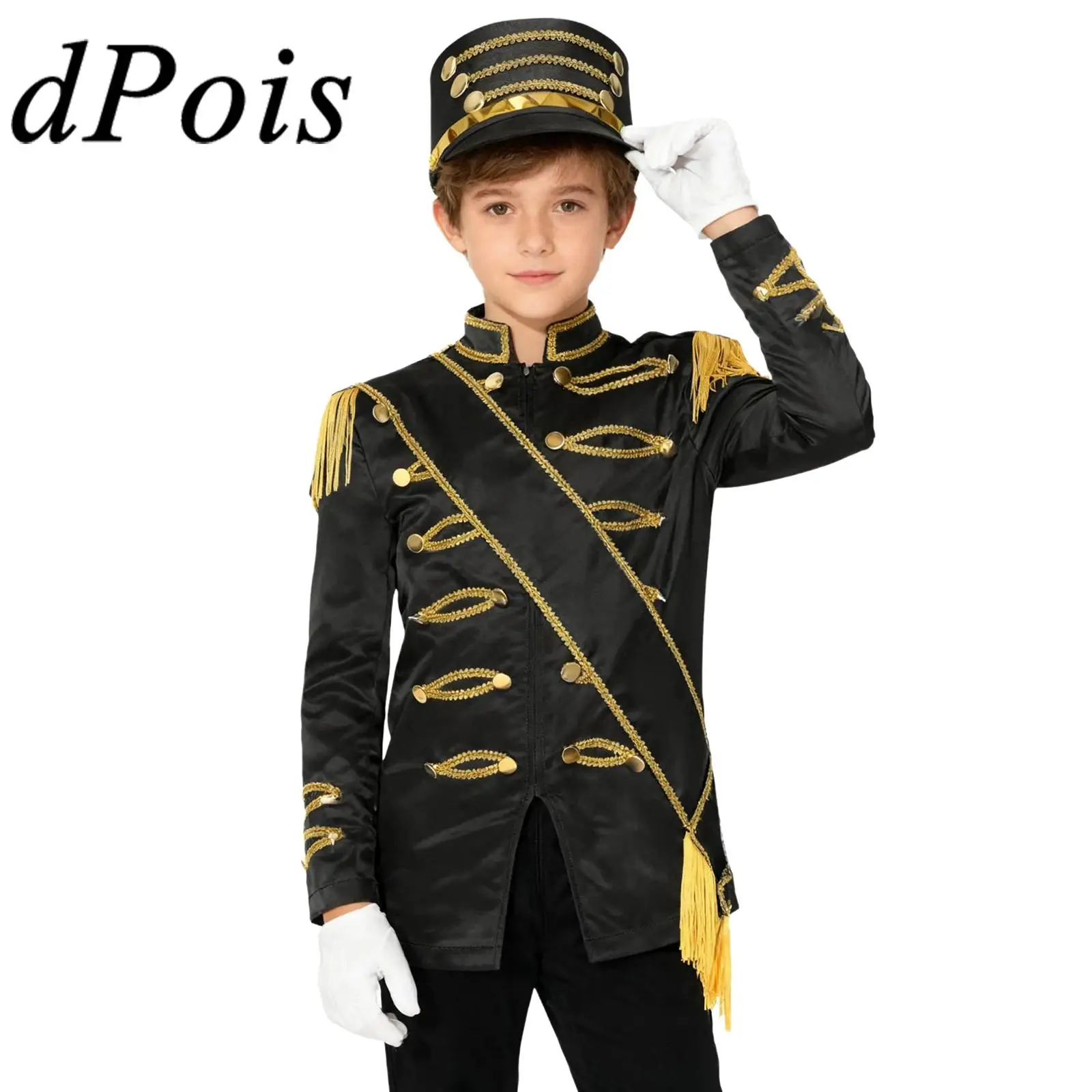 Boys Drummer Marching Band Costume Circus Ringmaster Honor Guard Cosplay Outfit Drum Band Major Uniform Jacket with Hat Gloves