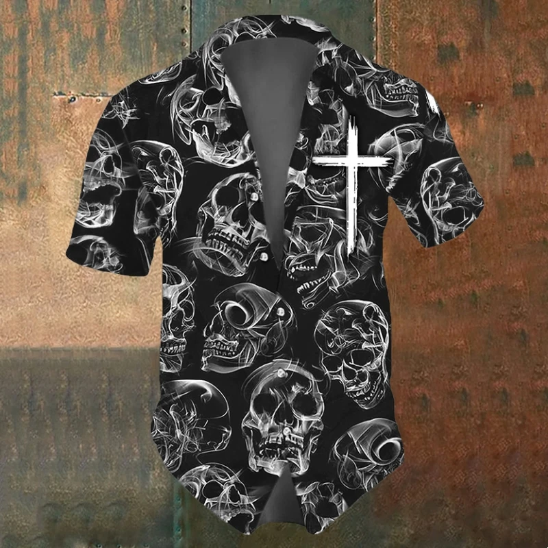 Summer Men's Shirt Retro Style 3D Skull Pattern Printing Top Street  Leisure Fashion Male Short-Sleeved Oversized Lapel Clothing