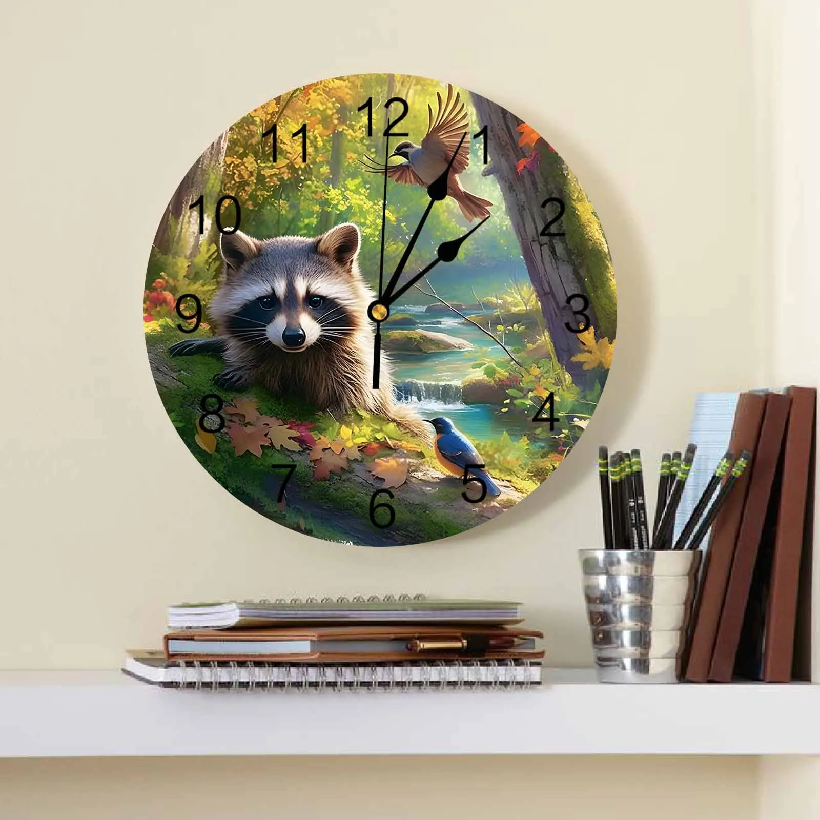 Bird Forest Stream Raccoon PVC Wall Clock Bedroom Decoration Wall Clock Modern Design Home Decore Wall Digital Clock