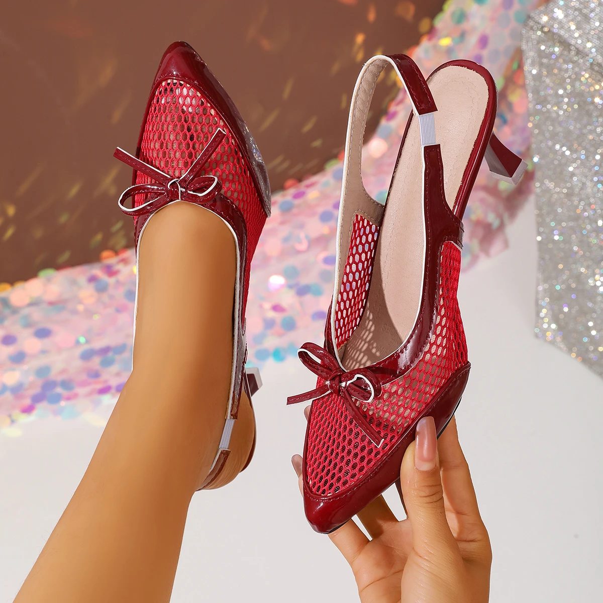 

Женские сандалии, модные повседневные летние новые острые дышащие сетчатые сандалии с бантом Baotou, декоративные сандалии на высоком каблуке для банкетов, Zapatos Mujer