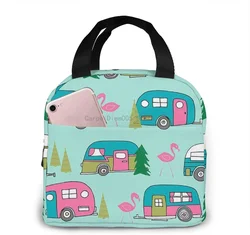 Happy Camper Flamingos Lunch Bag Reusable Insulated Cooler Tote Box with Front Pocket Zipper Closure for Woman Man Work