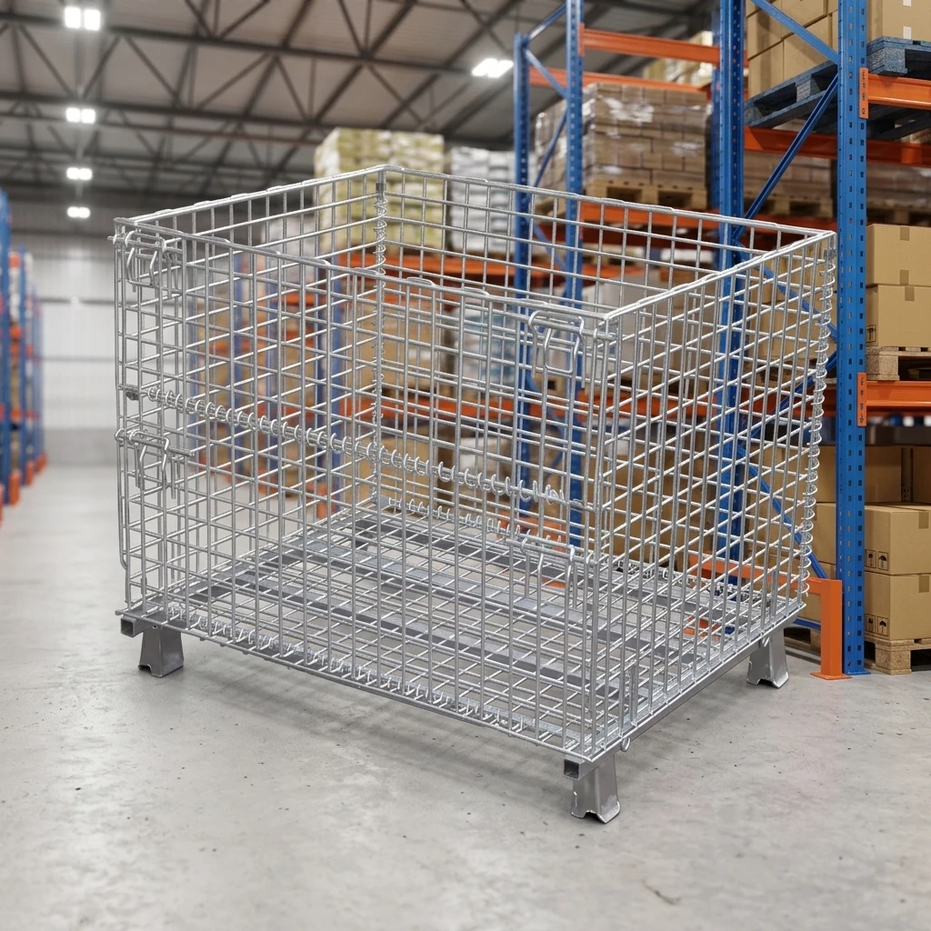 Carbon Steel Storage Cage Galvanized Foldable Stackable Warehouse Mesh Container High Load Capacity Durable
