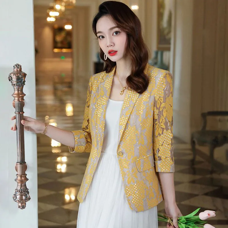 Summer 2026 Women's Thin Sunscreen Blazer Jacket Korean Fashion Hollow-Out Slim Fit Oversize 8XL Casual Suit Outerwear