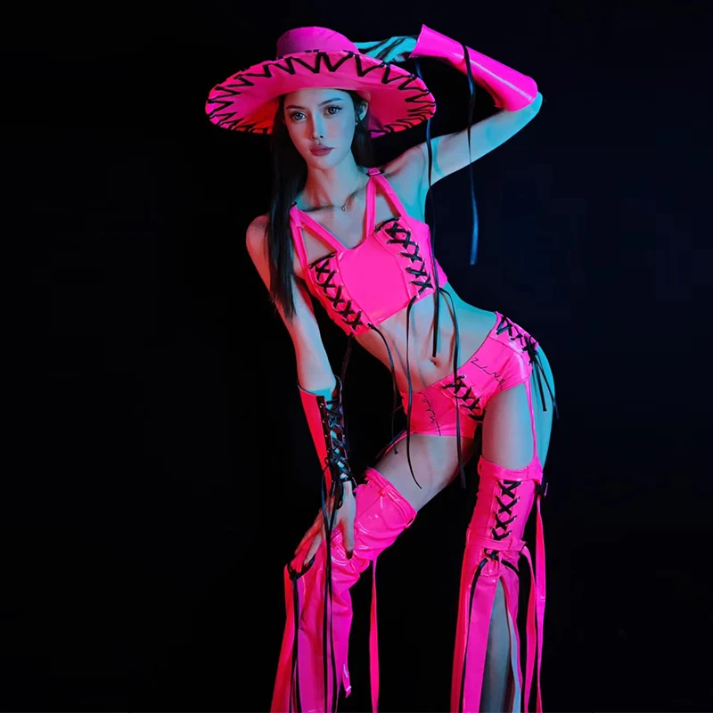2025 boate bar gogo dança traje feminino fluorescência rosa jazz dança outfit adulto clubwear festa ds dj rave roupas yj311