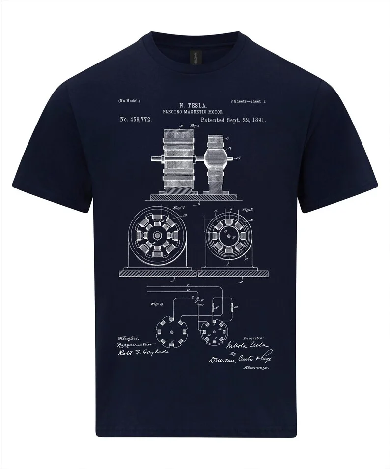 نيكولا تيسلا تي شيرت موتور براءات الاختراع مخطط قميص شخصية العصرية ملابس الشارع عادية عالية الجودة طباعة القمم