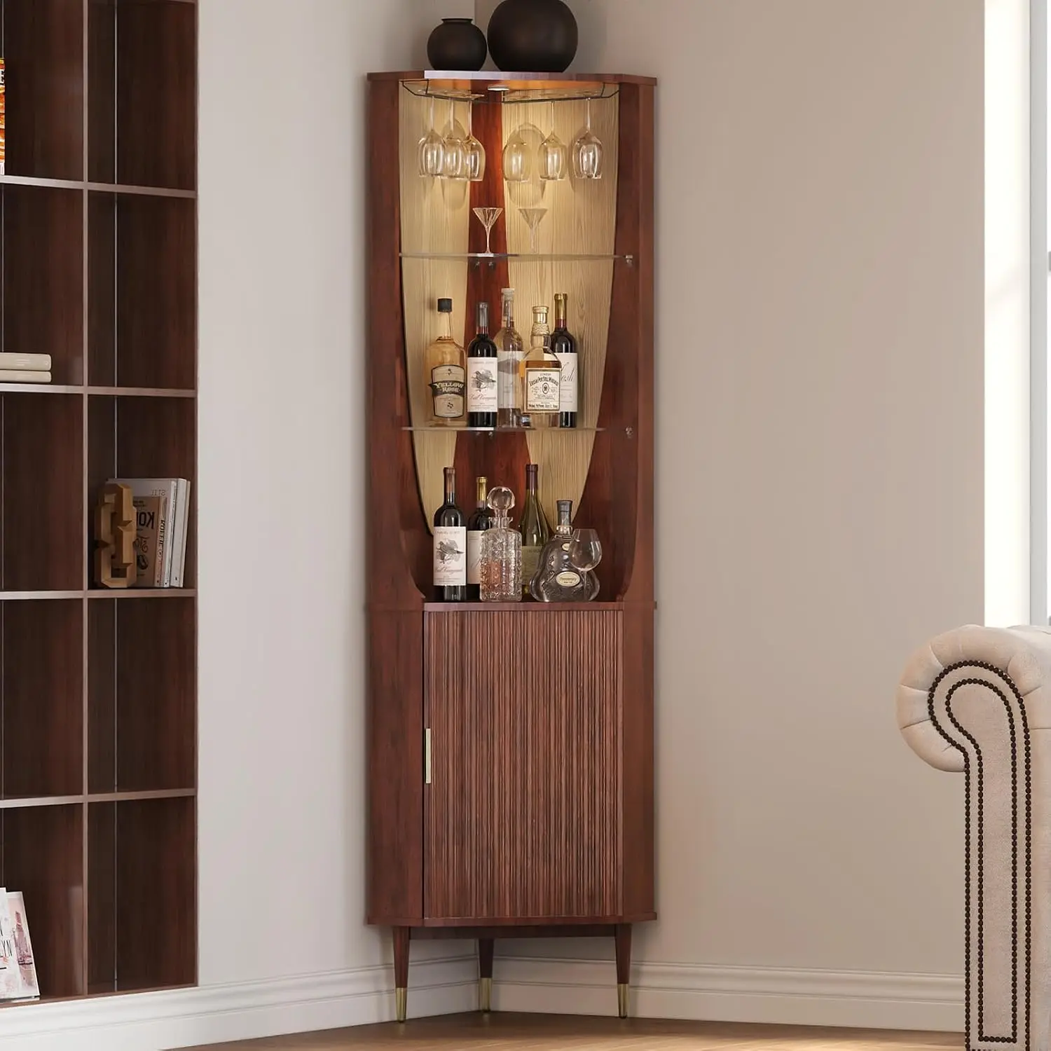 Tall Corner Bar Cabinet for Liquor Mid-Century Modern Walnut 70