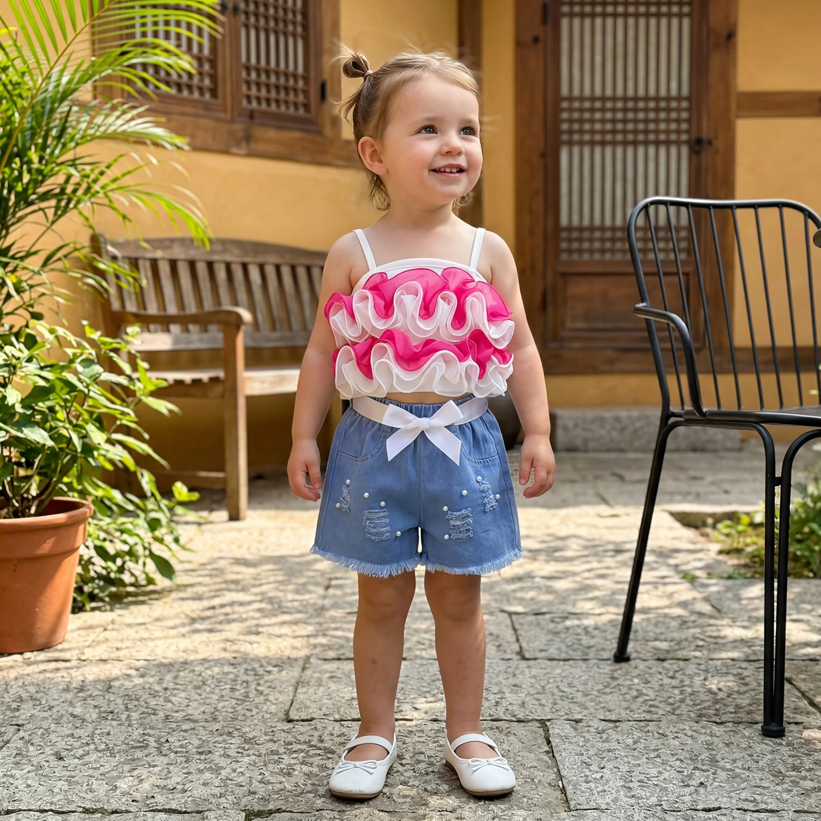 2-8Y Little Girls Summer Outfits Sleeveless Spaghetti Strap Ruffle Trim Decor Vest Tops Elastic Waist Denim Shorts 2Pcs