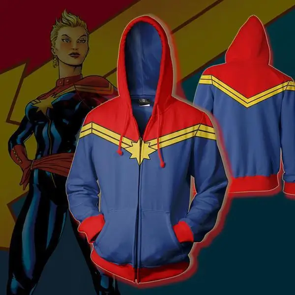 سترة ملابس رياضية بغطاء للرأس بسحاب مطبوع ثلاثي الأبعاد من Marvel Captain Marvel COS