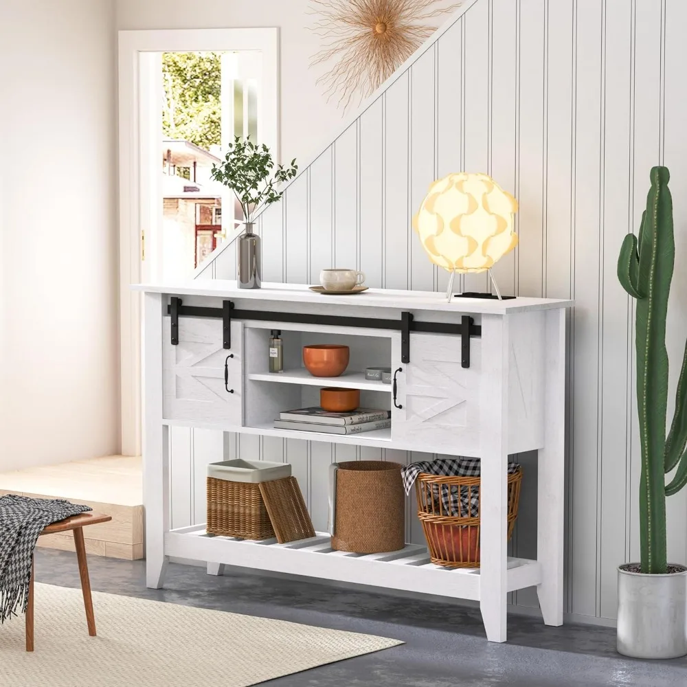 Farmhouse White Entryway Table with Storage, Sliding Barn Doors, Console Table with Outlets and USB Ports