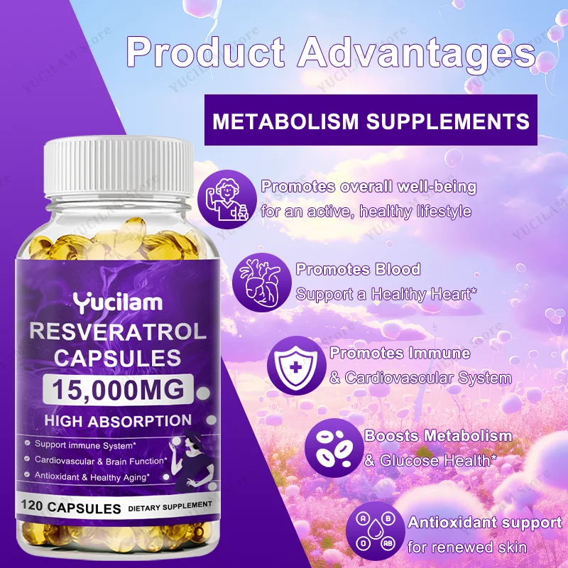 YUCILAM Resveratrol Capsules - Potent Antioxidants & Trans -Resveratrol - Promotes Anti-Aging - Cardiovascular & Joint Support