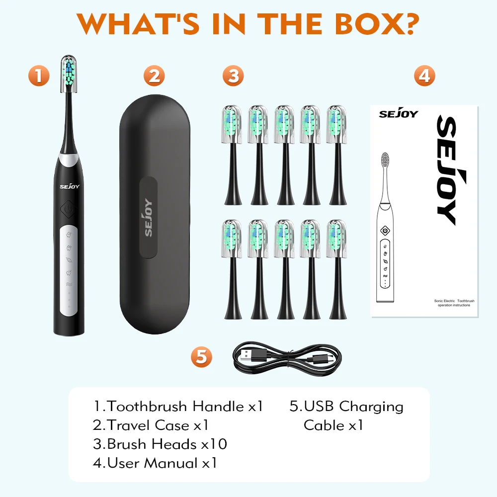 Sejoy فرشاة أسنان كهربائية بالموجات الصوتية USB شحن IPX7 قابلة للشحن مقاوم للماء فرشاة الأسنان الإلكترونية استبدال رؤساء الكبار #4
