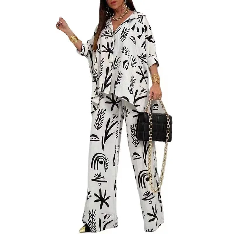 2024 Autumn Wide Leg Pants Two Piece Sets Outfits Womens Spring Long Sleeve Button Down Shirt Suit Casual 2pcs Set For Female